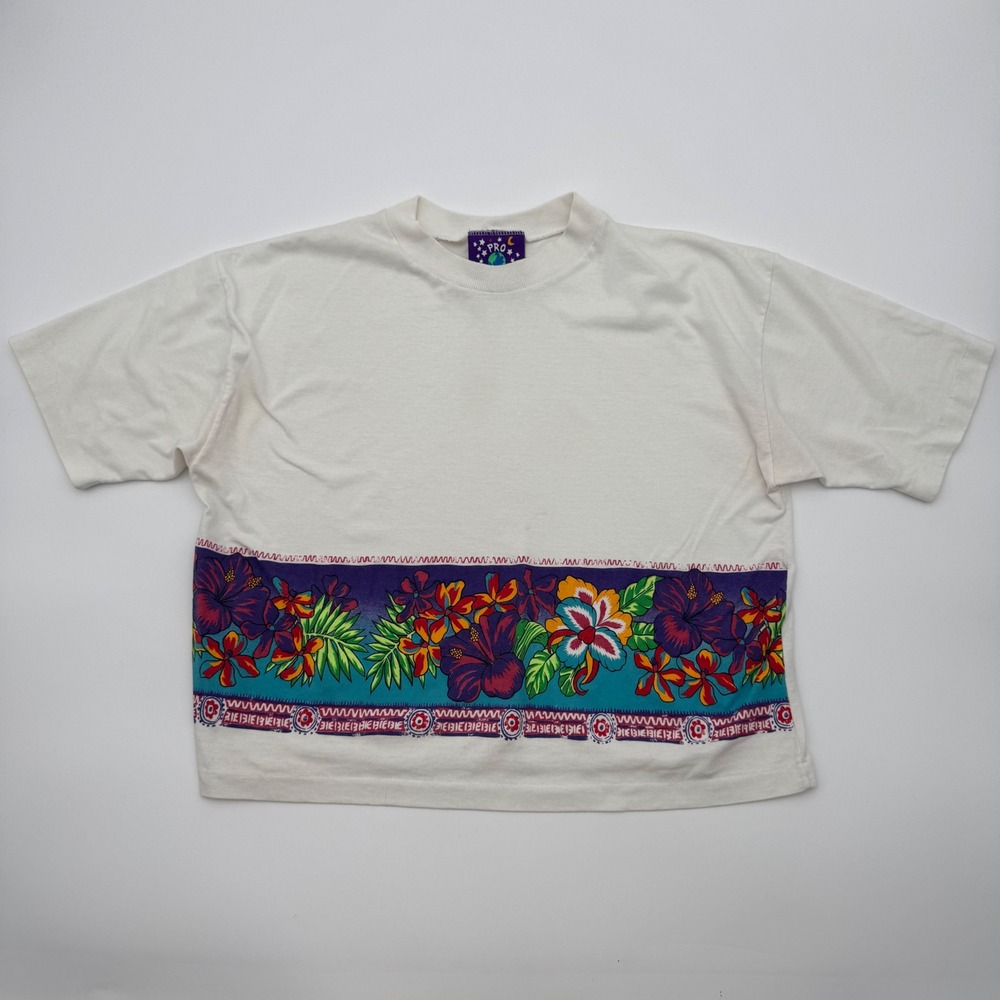 Vintage Pro Spirit Women White Floral Hibiscus Cropped T-Shirt Single Stitch